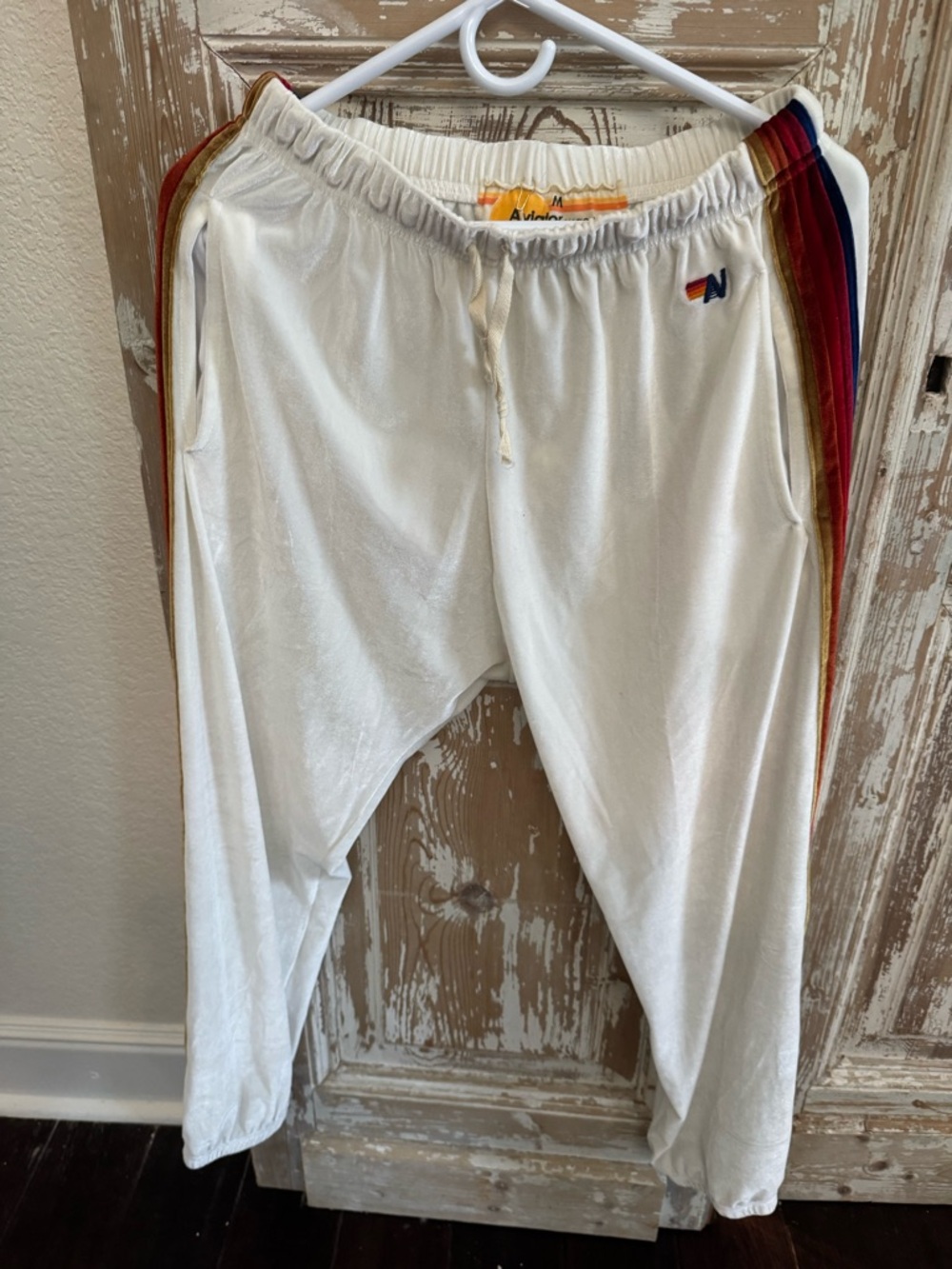 Aviator Nation White Sweatpants with Rainbow Velvet Side Stripes - Picture 2 of 3